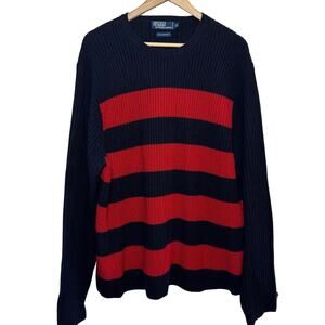 Vtg 1990's Polo By Ralph Lauren 100% Lambs Wool Red Blue Striped XL Sweater